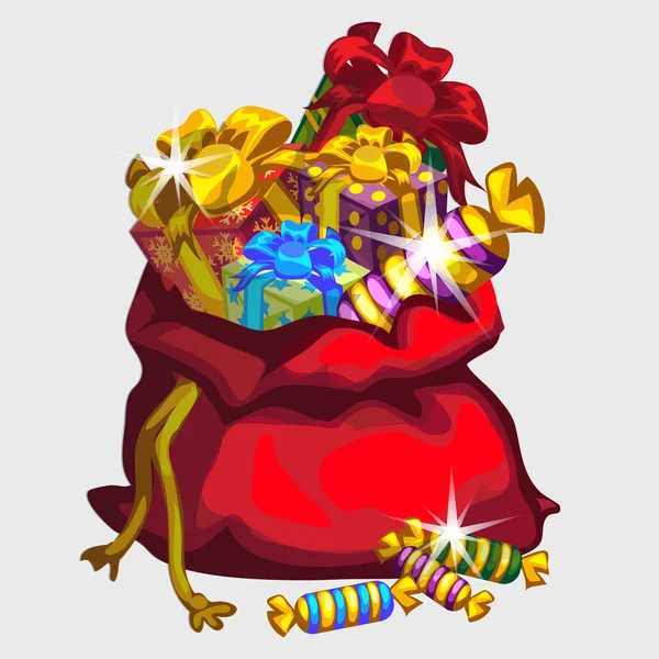 Gran bolsa roja de regalos y dulces, icono festivo — Vector de stock