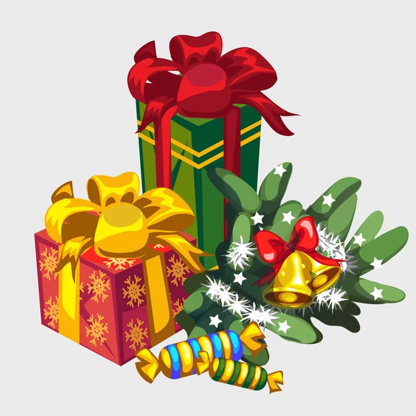 Corona de Navidad, regalos y caramelos, icono de vacaciones — Vector de stock