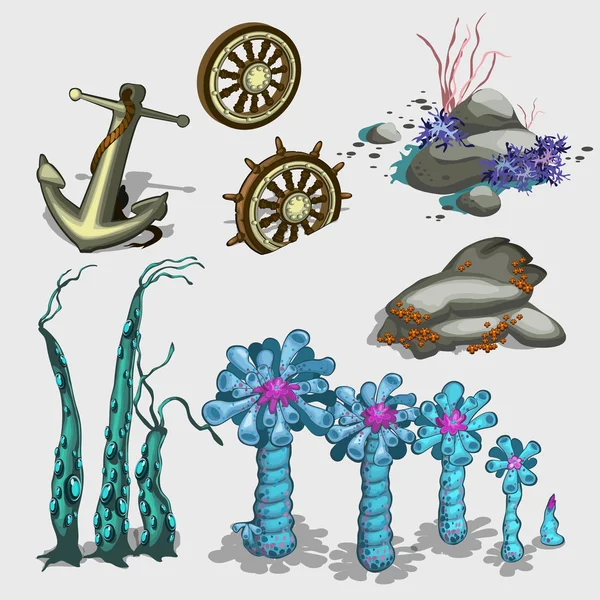 Underwater plants, anchor and ship wheel — Stock Vector