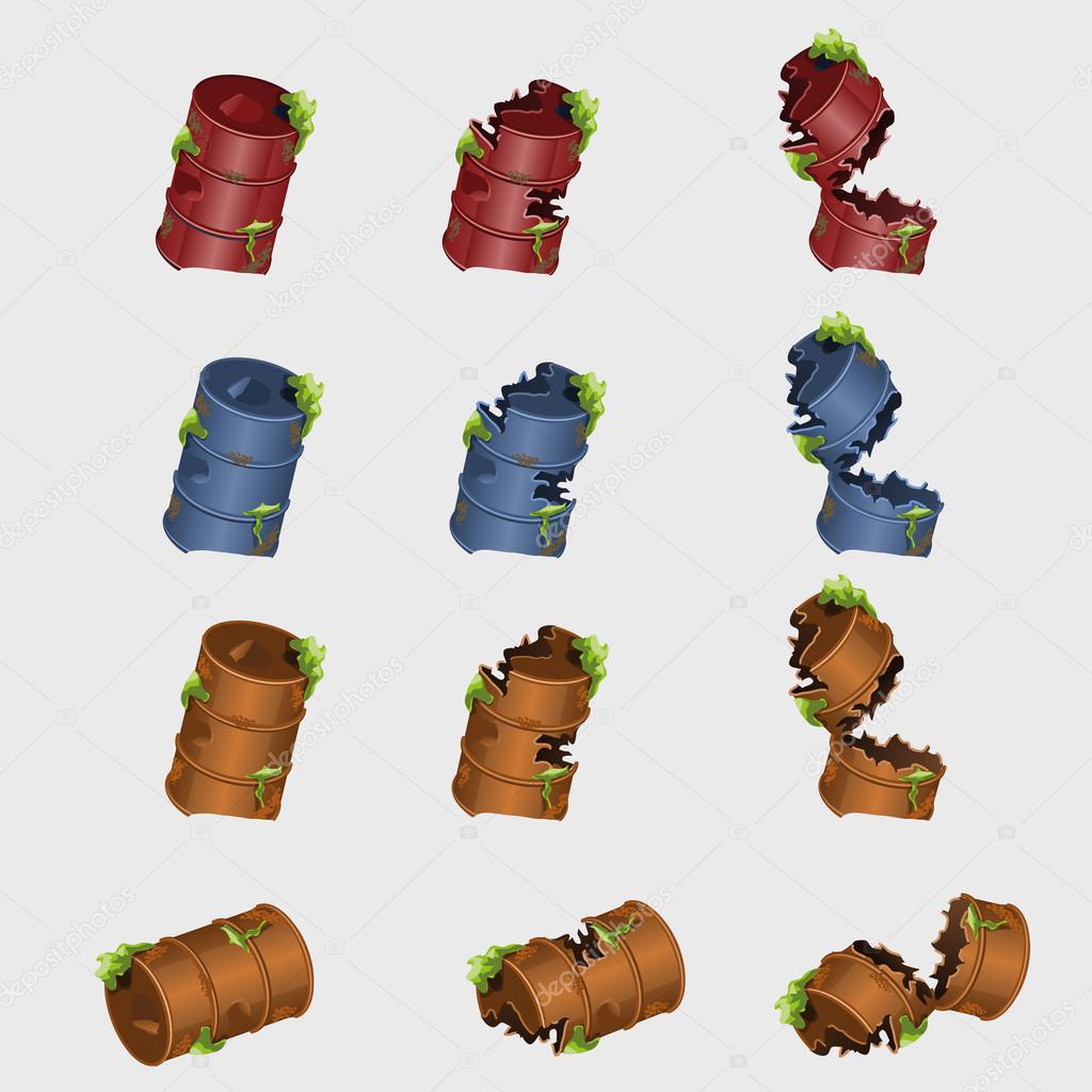 Rusty broken barrels in different colors, 12 icons