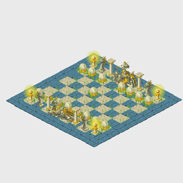 Μπλε στυλιζαρισμένη σκάκι με γρασίδι και θαλάσσια στοιχεία — Διανυσματικό Αρχείο