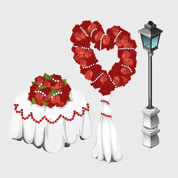 Mesa de casamento, lâmpada e buquês de rosas —  Vetores de Stock