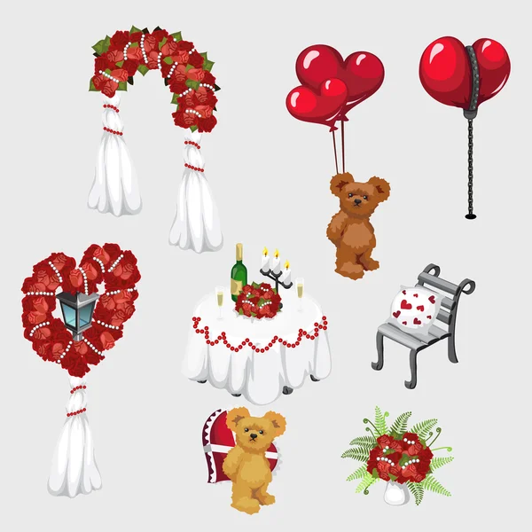 Elementos de decoração de casamento, rosas e ursinho de pelúcia —  Vetores de Stock