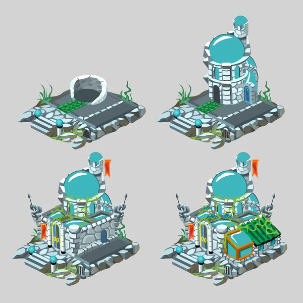 Castillo submarino, proceso de construcción en 4 iconos — Vector de stock