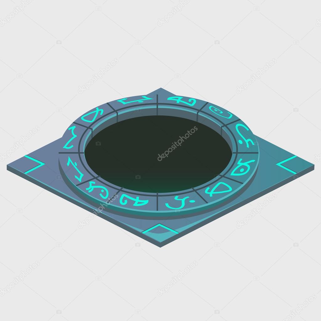 Portal with glowing runes, series of artifacts