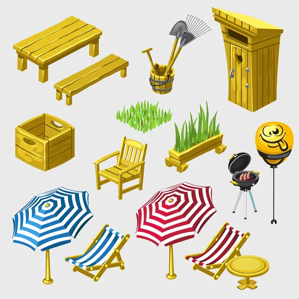 Set of wooden furniture for picnic and recreation — Stock Vector