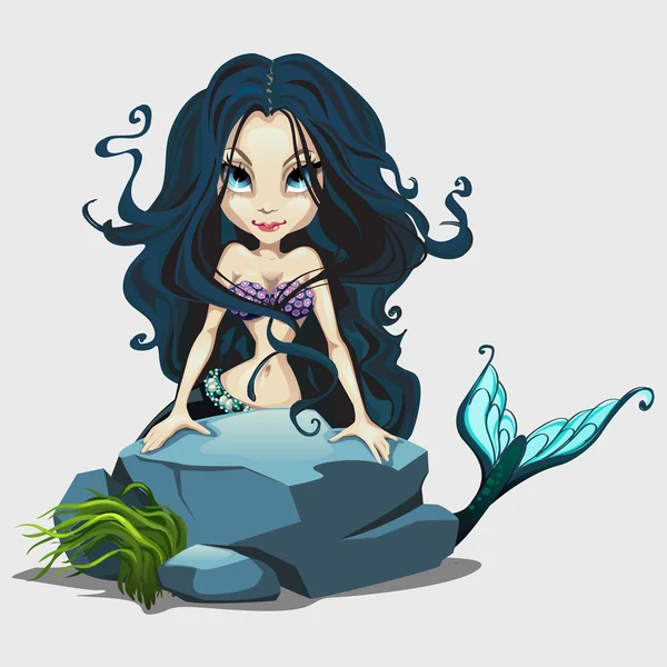 Cute mermaid with long black hair behind a rock — Stock Vector