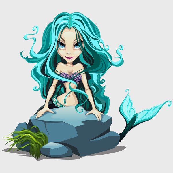 Cute mermaid with long blue hair behind a rock