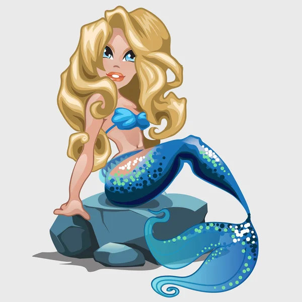 Sirena bionda con i capelli lunghi in costume da bagno blu — Vettoriale Stock