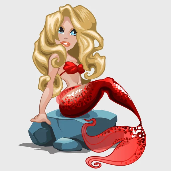 Blonde mermaid in red swimsuit sits on a rock — Stock Vector