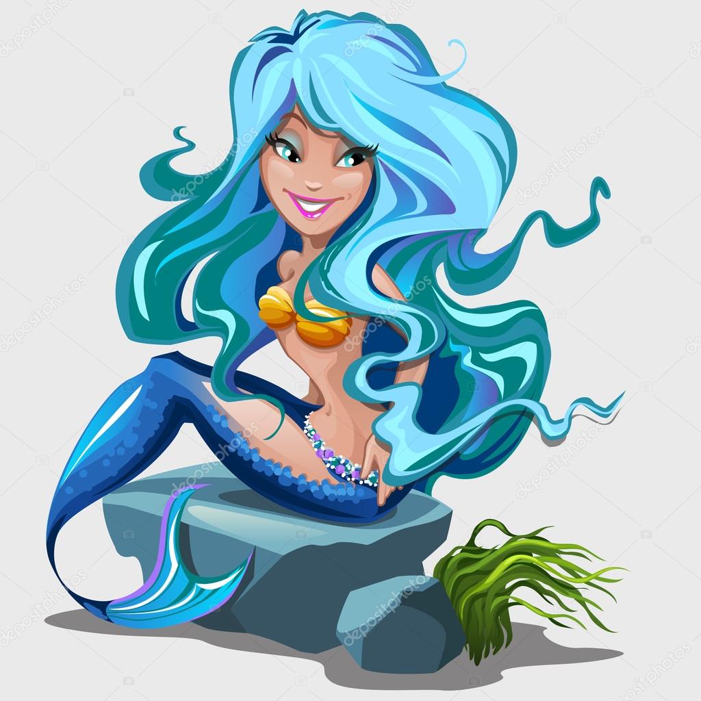 Sweetheart mermaid with blue hair and bright makeup, cartoon vector character