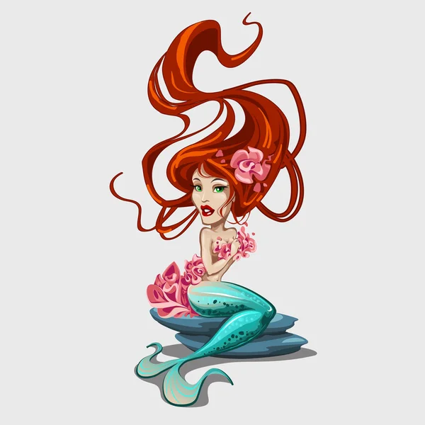 Sweetheart sjöjungfrun med röda långt hår — Stock vektor