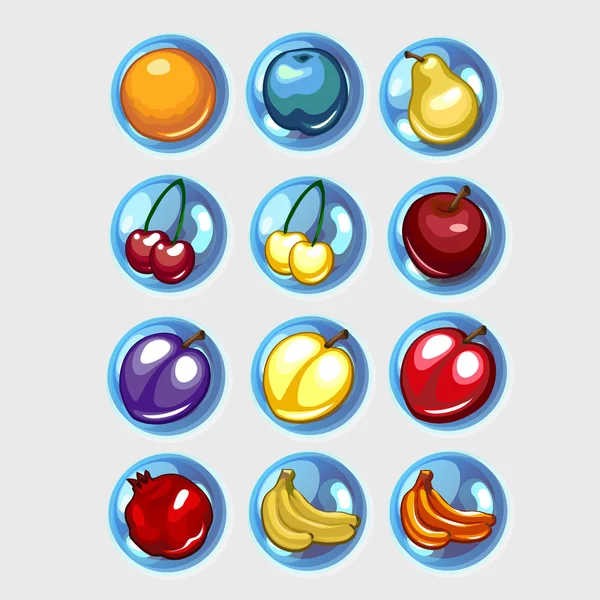 Doze ícones de frutas, bananas, maçãs e outros —  Vetores de Stock