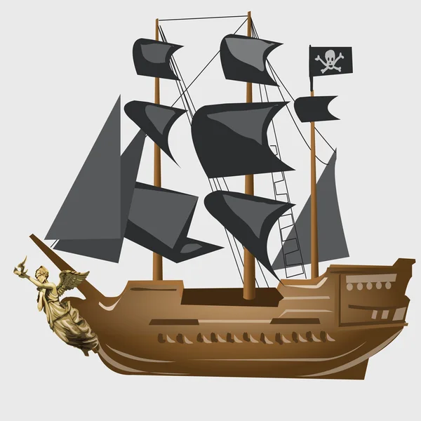 Antiguo barco pirata con velas negras y bandera — Vector de stock