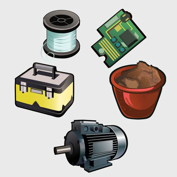 Conjunto de la industria eléctrica, motor, bobina, chip y otros — Vector de stock