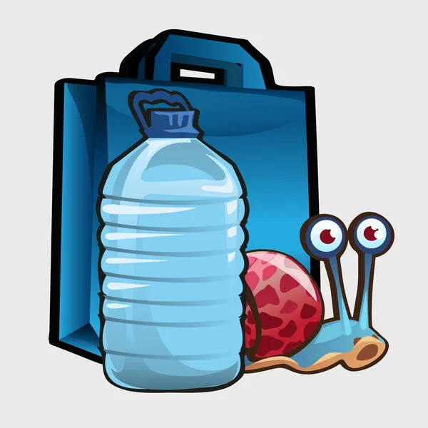 Bolsa azul, botella grande de agua y caracol — Archivo Imágenes Vectoriales