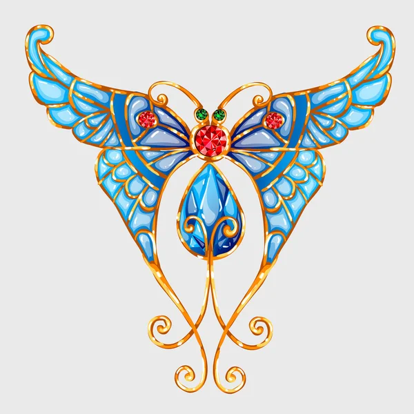 Gold butterfly with blue wings and precious stones — Stock Vector