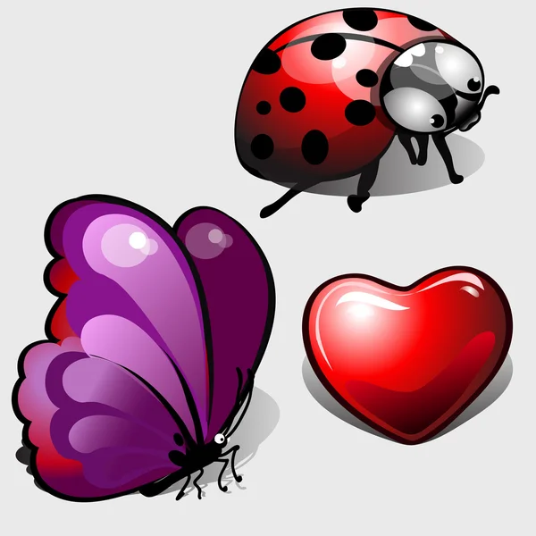 Coração, borboleta roxa e joaninha engraçada — Vetor de Stock