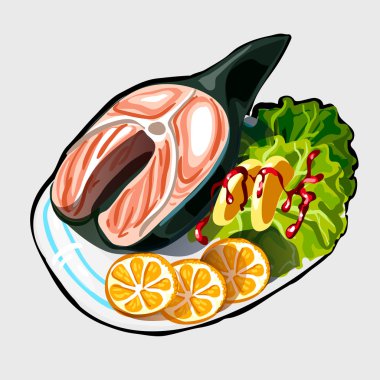 Balık biftek sebze ve portakal