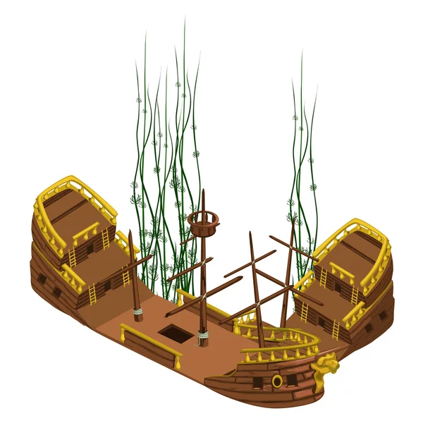 Залишки піратського корабля з водоростями, вектор ізольовано — стоковий вектор