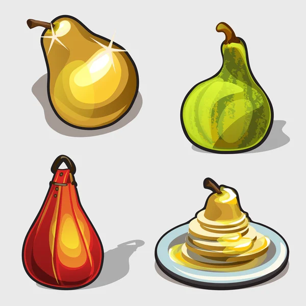 Yellow and green pear, purse, dessert, four icon — Stock Vector