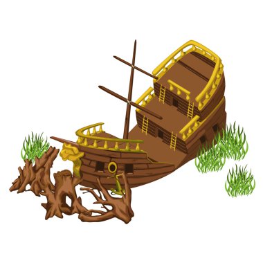 Korsan gemisi ve ağaçlar, izole vektör gövdeleri