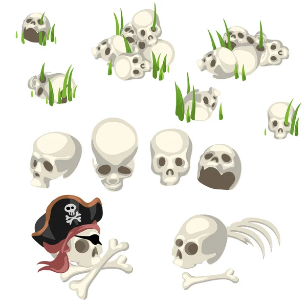 Teschi umani e simboli pirata, stile cartone animato — Vettoriale Stock