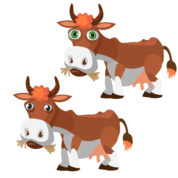 Dwie zabawne brązowe krowy w stylu kreskówka na białym tle — Wektor stockowy
