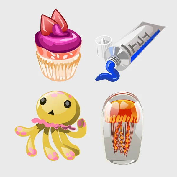 Cupcake, a fogkrém, a játék és a polip — Stock Vector