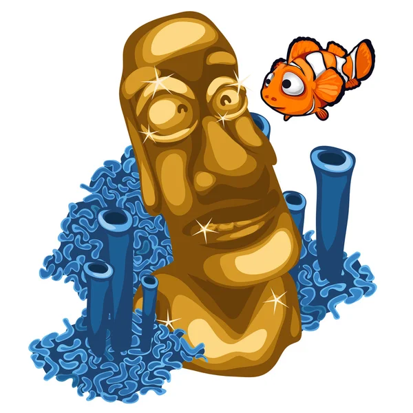 Korallrev, clown fisk och gyllene staty av Maya — Stock vektor