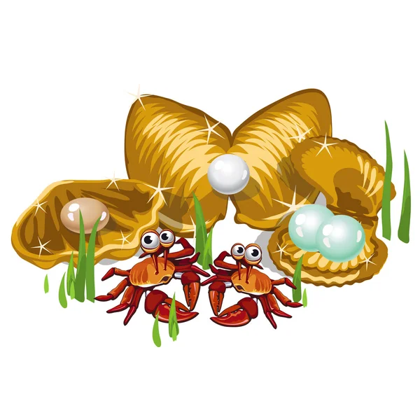 Tres conchas de oro con perlas y cangrejos — Vector de stock