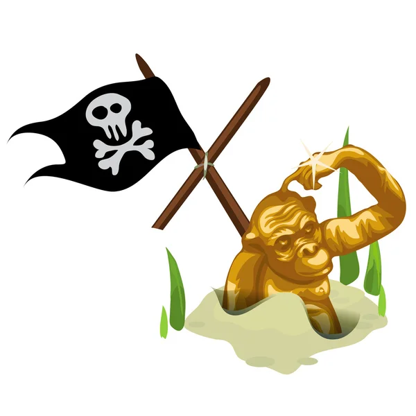 Golden monkey w piasku i maszt z piracką flagę — Wektor stockowy