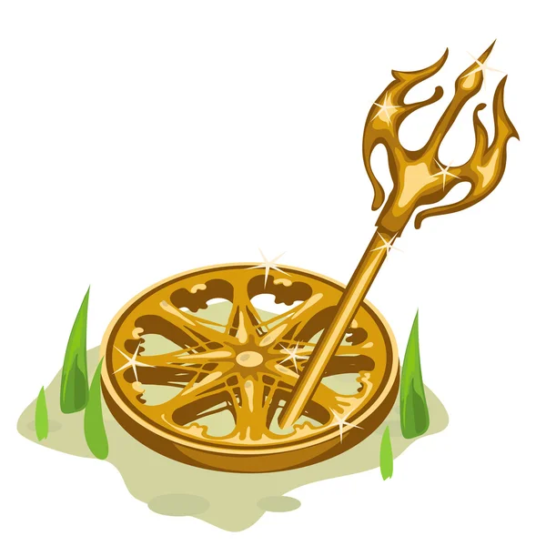 Золотое колесо и трезубец в траве — стоковый вектор