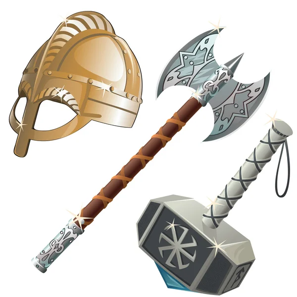 Armas históricas, hacha, martillo y casco — Vector de stock