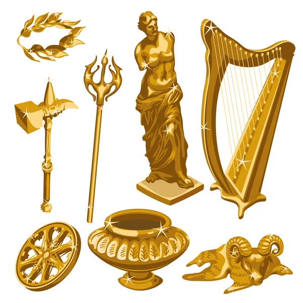 Harp, statue, weapons and other items of antiquity — Stock Vector