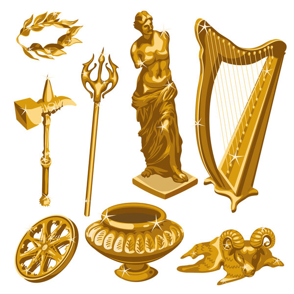 Harp, statue, weapons and other items of antiquity