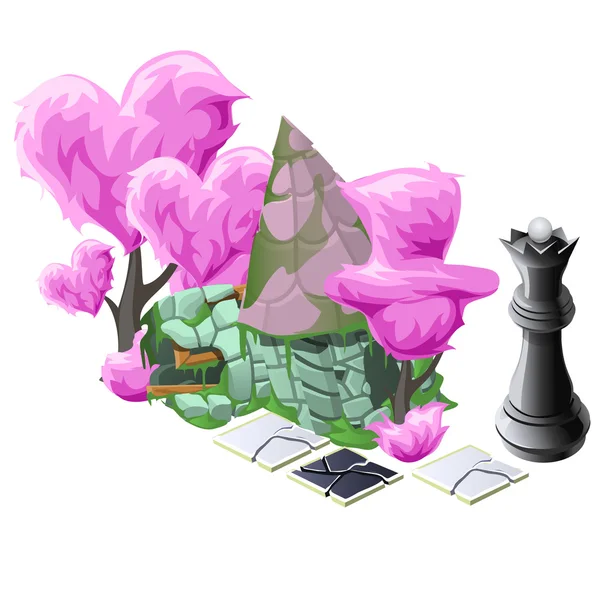 粉红色的绿色雕塑树、 象棋与房子的风景 — 图库矢量图片