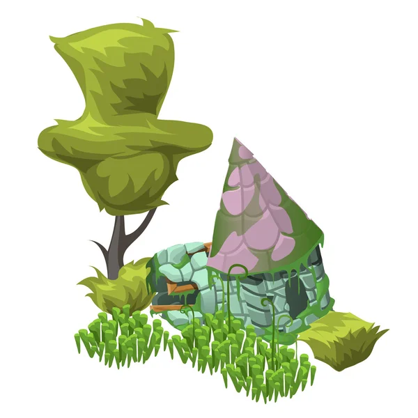Árbol, hierba y casa abandonada en estilo de dibujos animados — Vector de stock