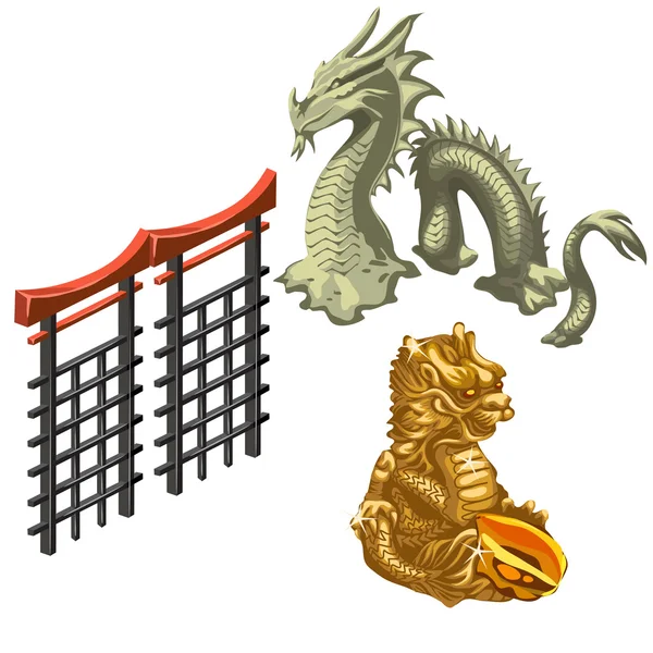 Chinesischer Drache, Schlange und Mauerfragment — Stockvektor
