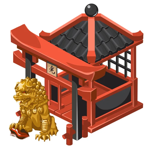 Pavilhão de estilo chinês e leão dourado guardião — Vetor de Stock