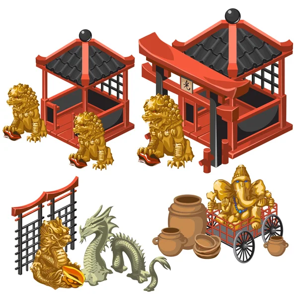 Arquitectura, deidades y decoración en estilo asiático — Vector de stock