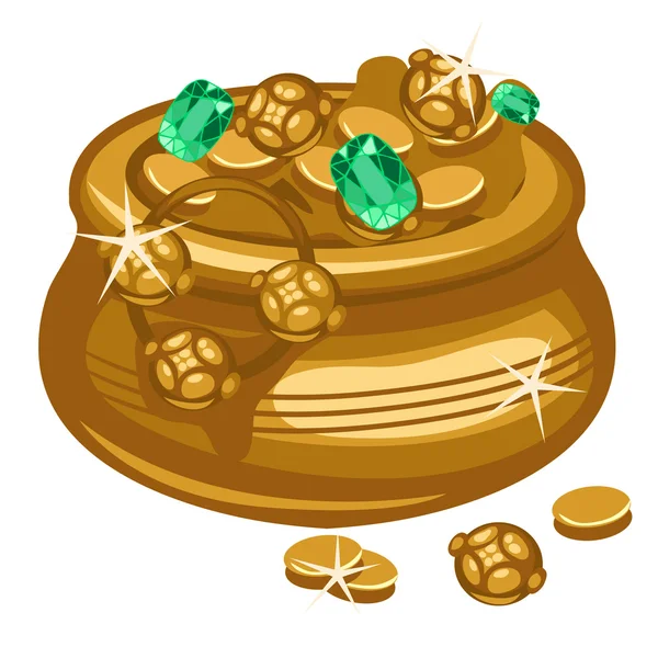 Pote dourado com moedas e esmeraldas — Vetor de Stock