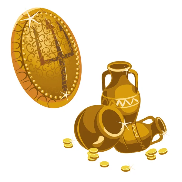 Jarras, monedas de oro y escudo con un Tridente — Vector de stock