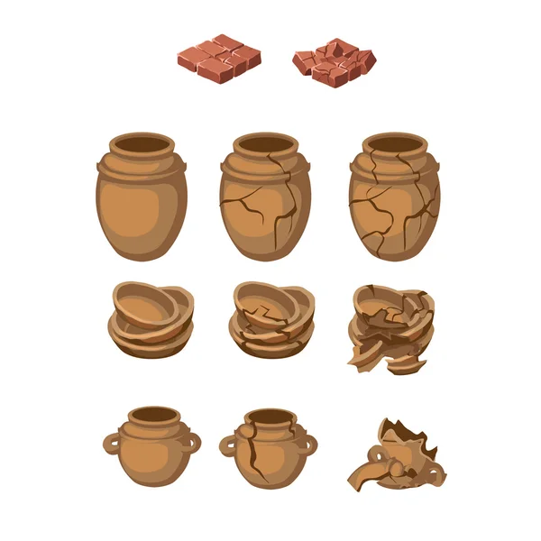 Set de jarras y platos de barro, enteros, rotos — Vector de stock