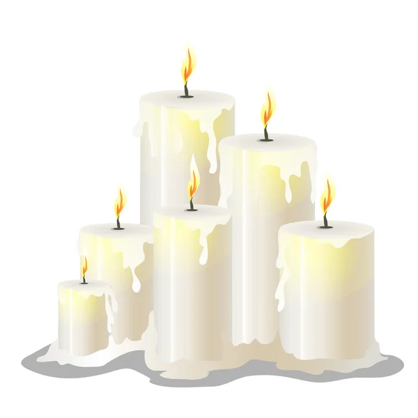 Білі воскові циліндричні свічки з палаючим гнітом — стоковий вектор
