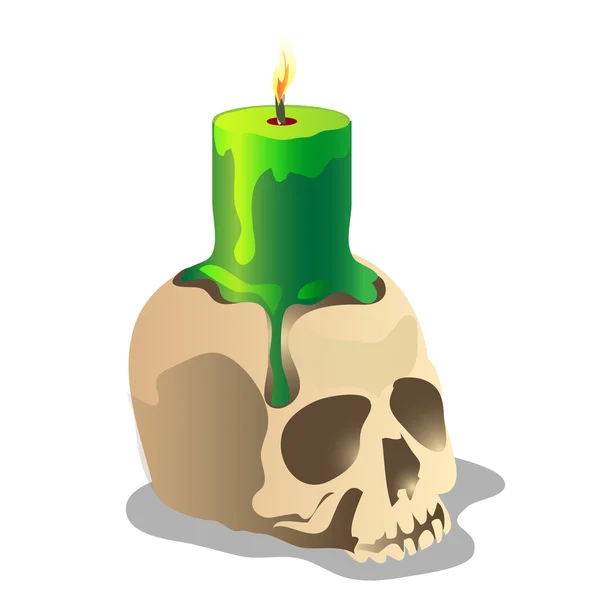 Human skull and a green burning candle on it — Stock Vector