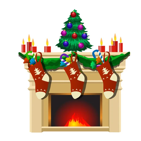 Kandalló karácsonyfa és az ajándékok zokni — Stock Vector