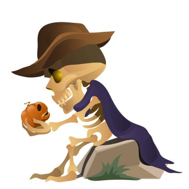 Skeleton in hat is talking with pumpkin