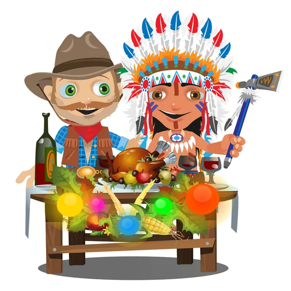 Kovboj a Indián sedící u stolu dovolená — Stockový vektor