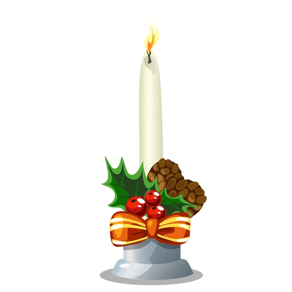 Рождественская белая горящая свеча, праздничное оформление — стоковый вектор